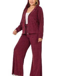 Zenana Plus Set Sweatpants Hoodie Full Zip Jacket Loop Terry Burgundy  2X